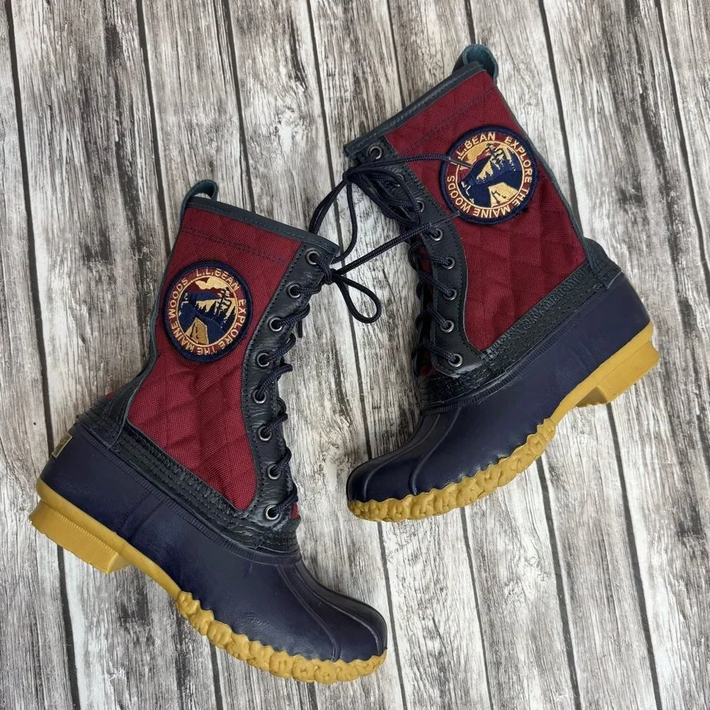 Women's LL Bean Explore the Maine Quilted Duck Boots 6 Navy Burgundy Tan